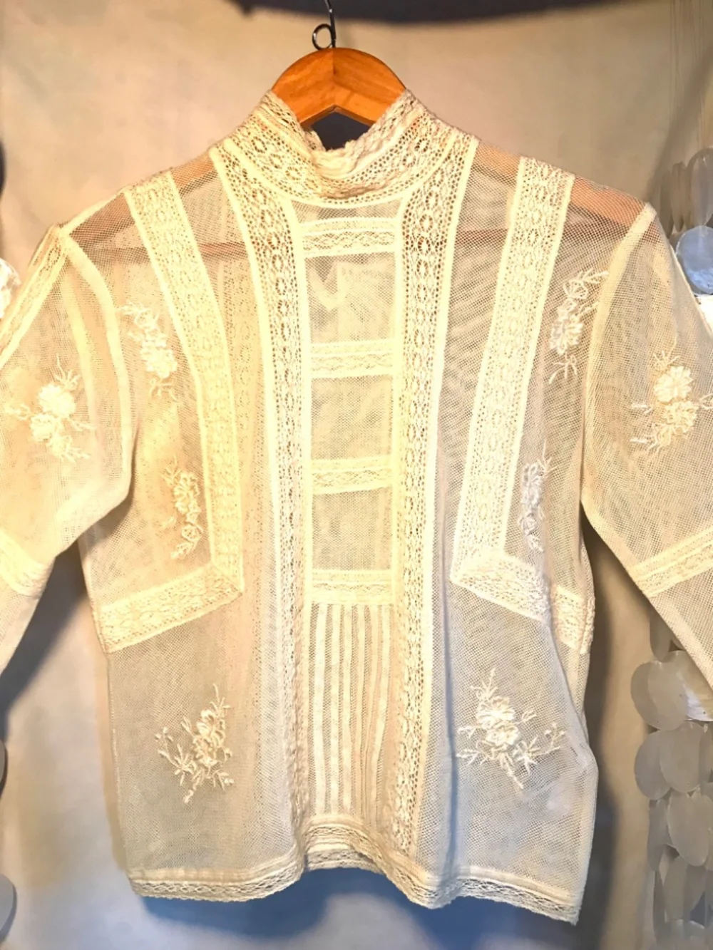 Zara Romantic Lace Blouse Semi-Sheer High Neck Ladder Stitch Size Small - Picture 9 of 15